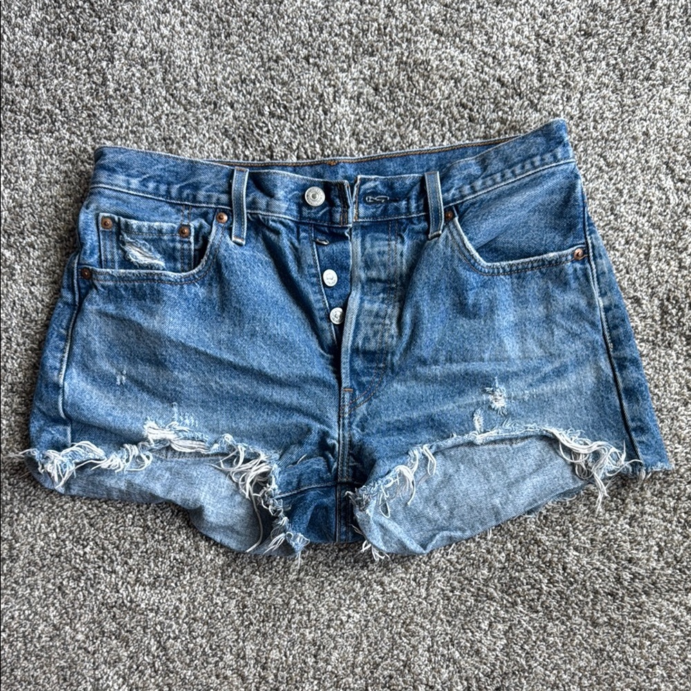 Levi's 501 Blue Distressed Jean Shorts Frayed Hem - Size 27